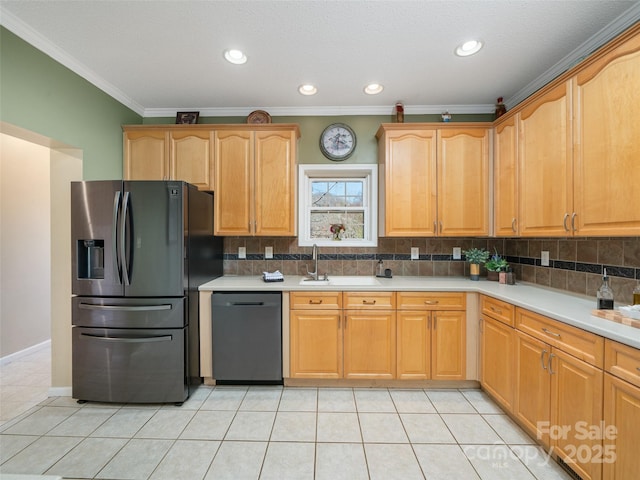 kitchen with tasteful backsplash, black dishwasher, sink, refrigerator with ice dispenser, and light tile patterned floors