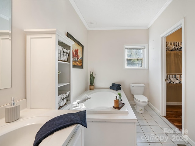 bathroom featuring crown molding, a bath, tile patterned floors, and vanity