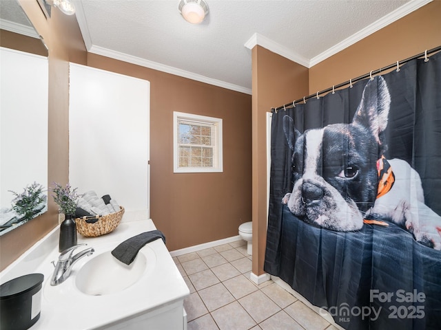 bathroom with crown molding, tile patterned floors, toilet, and a textured ceiling