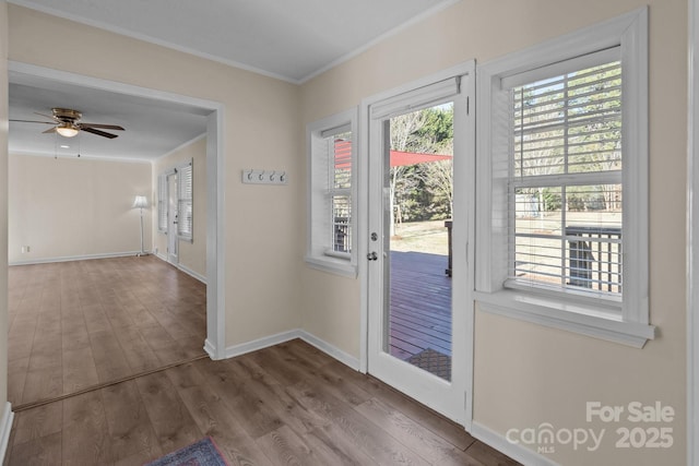 doorway with hardwood / wood-style floors, crown molding, and ceiling fan