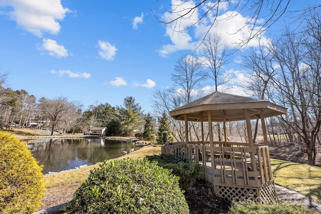 dock area featuring a gazebo and a water view