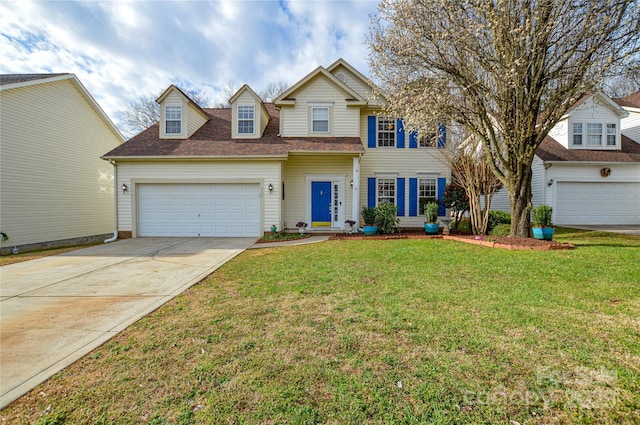 traditional-style home featuring a garage, driveway, a shingled roof, and a front lawn