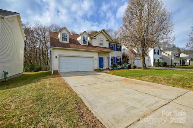 view of front facade with an attached garage, a shingled roof, driveway, and a front yard