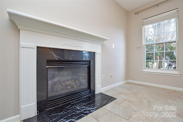 room details with a premium fireplace and baseboards