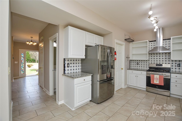 kitchen featuring decorative backsplash, open shelves, wall chimney exhaust hood, and stainless steel appliances