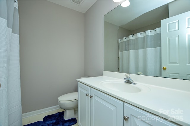 full bath featuring visible vents, toilet, tile patterned flooring, baseboards, and vanity