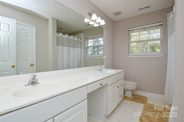 full bathroom with double vanity, visible vents, toilet, and a sink