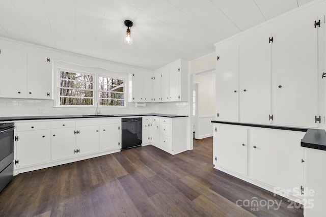 kitchen with sink, dark hardwood / wood-style floors, black dishwasher, tasteful backsplash, and white cabinets