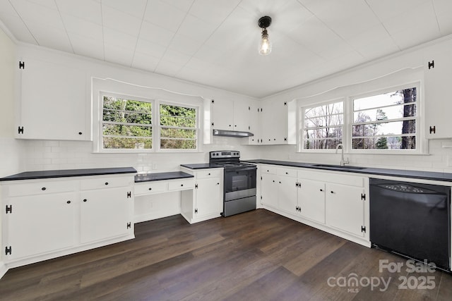 kitchen featuring dishwasher, sink, white cabinets, stainless steel range with electric cooktop, and dark wood-type flooring