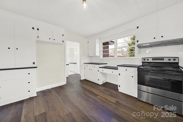 kitchen featuring tasteful backsplash, white cabinetry, stainless steel electric range oven, ornamental molding, and dark hardwood / wood-style floors