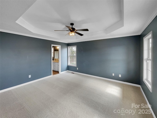 unfurnished room featuring a raised ceiling, ornamental molding, and carpet