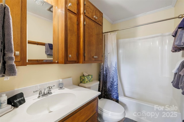 full bathroom with shower / bathtub combination with curtain, vanity, ornamental molding, and toilet