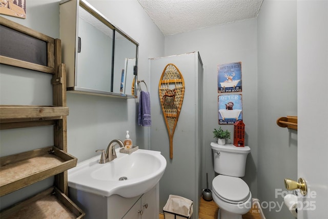 bathroom with vanity, toilet, and a textured ceiling