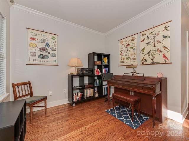 miscellaneous room featuring wood-type flooring and ornamental molding