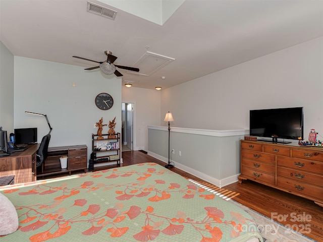 bedroom featuring wood-type flooring and ceiling fan