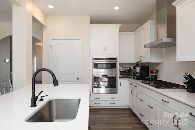 kitchen featuring appliances with stainless steel finishes, sink, white cabinets, decorative backsplash, and wall chimney exhaust hood