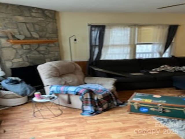 living room featuring hardwood / wood-style floors and a fireplace