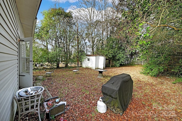 view of yard with a shed