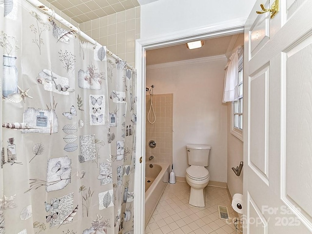 bathroom with tile patterned flooring, ornamental molding, toilet, and shower / bathtub combination with curtain