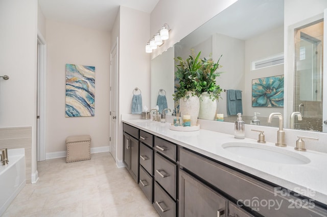 bathroom with vanity and plus walk in shower