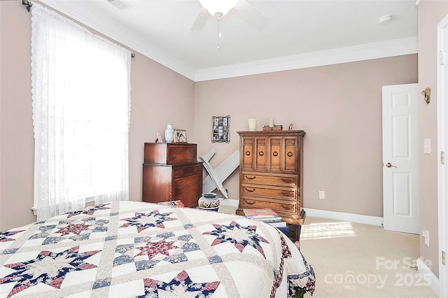 bedroom with crown molding, light colored carpet, and ceiling fan