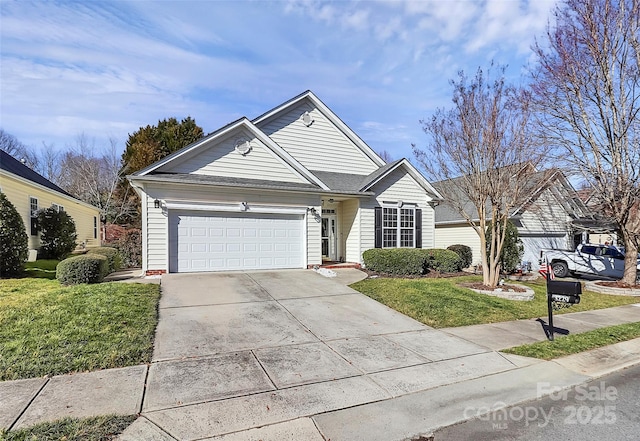 ranch-style home with a garage and a front lawn