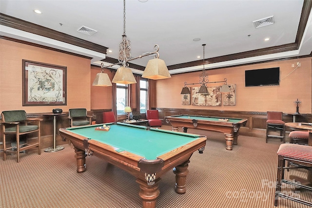 recreation room featuring pool table, carpet flooring, and ornamental molding