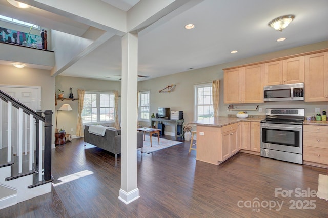 kitchen featuring appliances with stainless steel finishes, dark hardwood / wood-style floors, light brown cabinetry, and kitchen peninsula