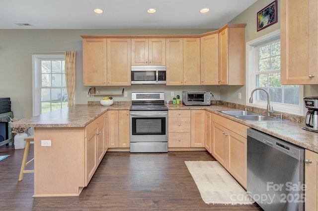 kitchen with stainless steel appliances, light brown cabinetry, a breakfast bar, and sink