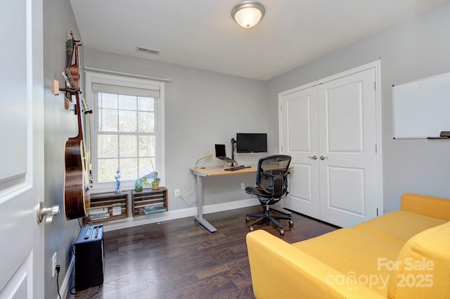 home office featuring dark hardwood / wood-style flooring