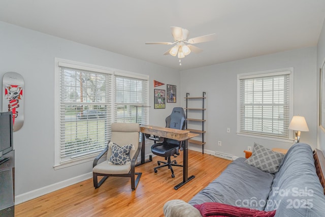 office featuring ceiling fan and light wood-type flooring