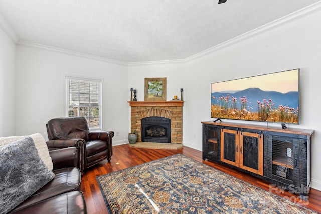 living room with ornamental molding and dark hardwood / wood-style floors