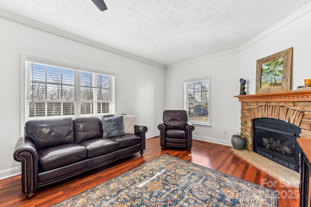 living room featuring crown molding, a textured ceiling, and dark hardwood / wood-style flooring