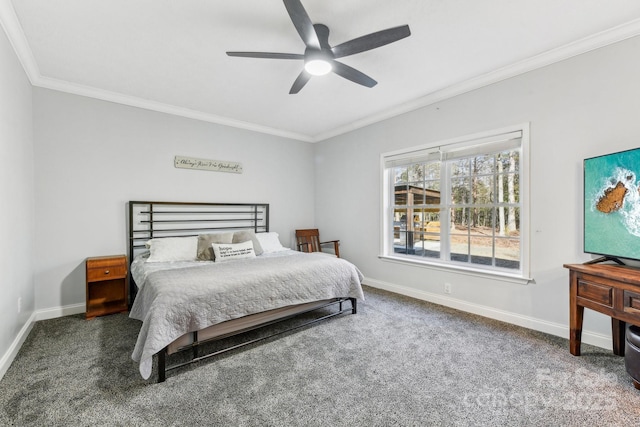 bedroom with crown molding, dark carpet, and ceiling fan