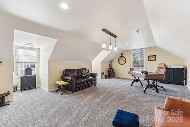 office space with carpet floors and vaulted ceiling