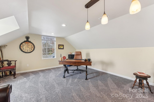 carpeted home office with lofted ceiling