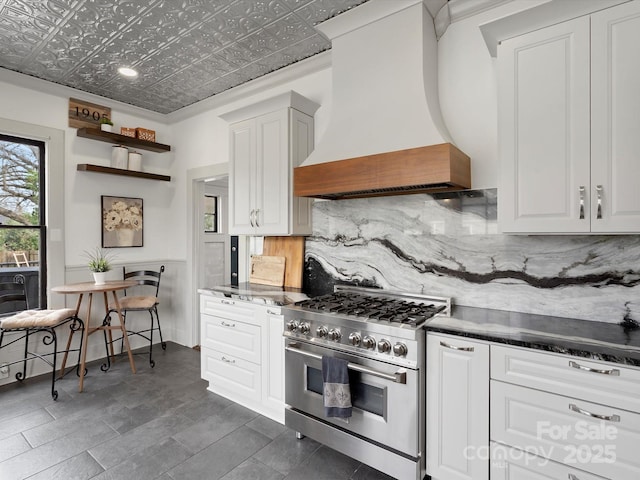 kitchen featuring dark countertops, an ornate ceiling, custom range hood, high end stainless steel range oven, and backsplash