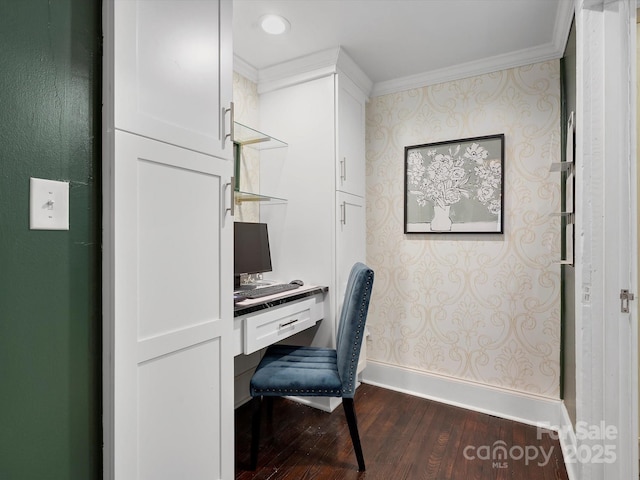 office featuring dark wood-type flooring, crown molding, baseboards, and wallpapered walls