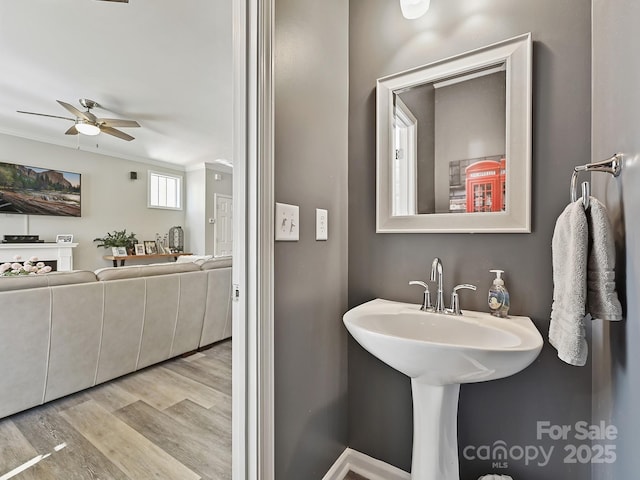 bathroom featuring hardwood / wood-style flooring, crown molding, and ceiling fan