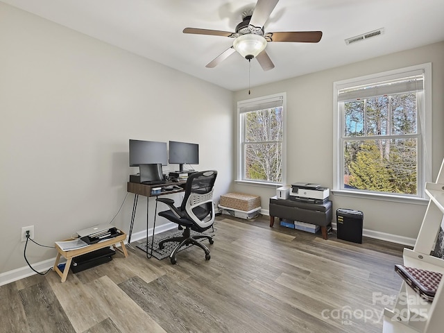 office area featuring ceiling fan and light hardwood / wood-style flooring