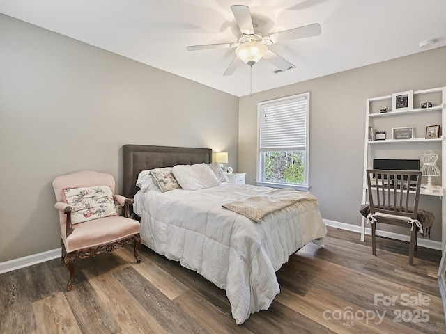 bedroom featuring dark wood-type flooring and ceiling fan