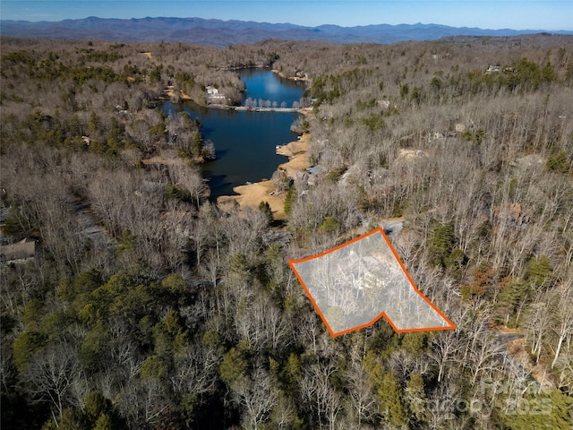 bird's eye view featuring a water and mountain view