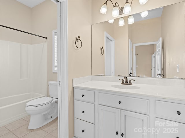 full bathroom with tile patterned floors, toilet,  shower combination, and vanity