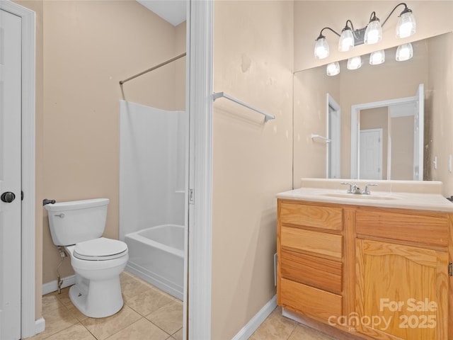 full bathroom with shower / tub combination, vanity, tile patterned floors, and toilet