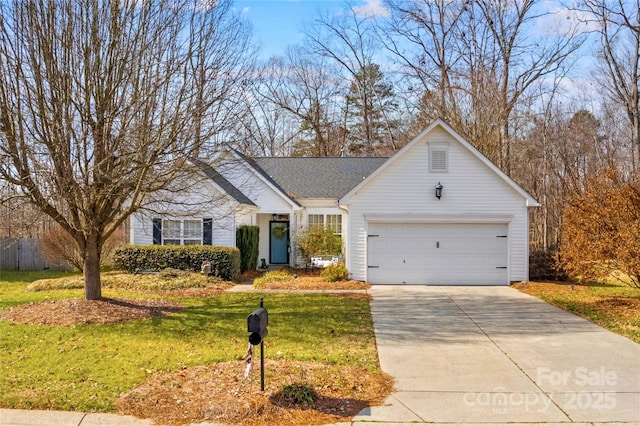 single story home featuring a garage and a front yard