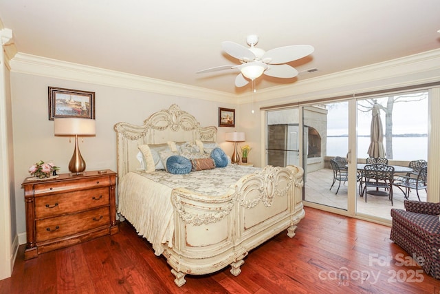 bedroom with dark wood-type flooring, access to outside, ornamental molding, and ceiling fan