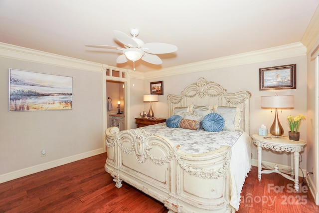 bedroom featuring crown molding, ceiling fan, and dark hardwood / wood-style floors