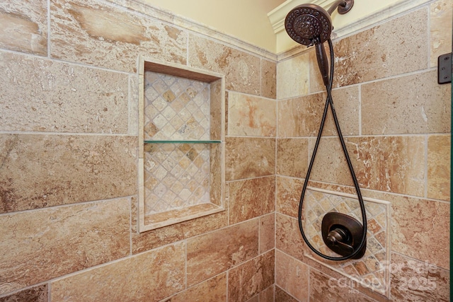 interior details featuring a tile shower