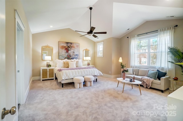 carpeted bedroom featuring ceiling fan and lofted ceiling