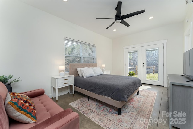 bedroom with multiple windows, french doors, ceiling fan, and access to exterior